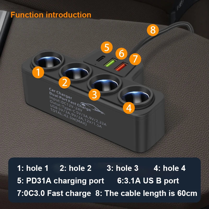120W High Power Car Charger - USB-C and 4 Port Converter, Supports Apple, Samsung, Xiaomi, Huawei