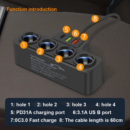120W High Power Car Charger - USB-C and 4 Port Converter, Supports Apple, Samsung, Xiaomi, Huawei