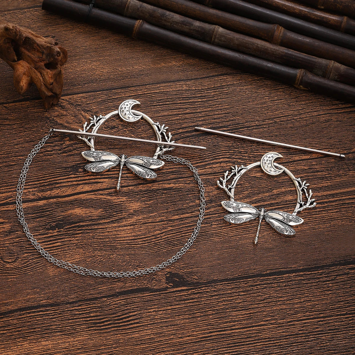 Viking Dragonfly Moon Hairpin - Retro Scandinavian Branch Hair Accessory for Women