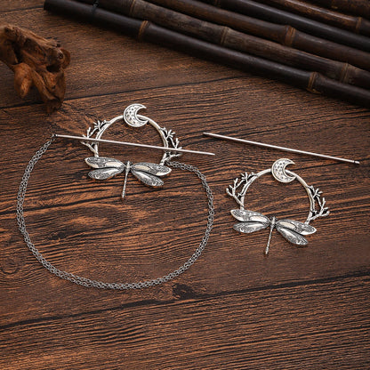 Viking Dragonfly Moon Hairpin - Retro Scandinavian Branch Hair Accessory for Women