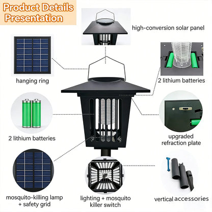 Solar Bug Zapper Lamp - Waterproof Cordless Mosquito Killer with UV & White Light for Indoor Outdoor Use