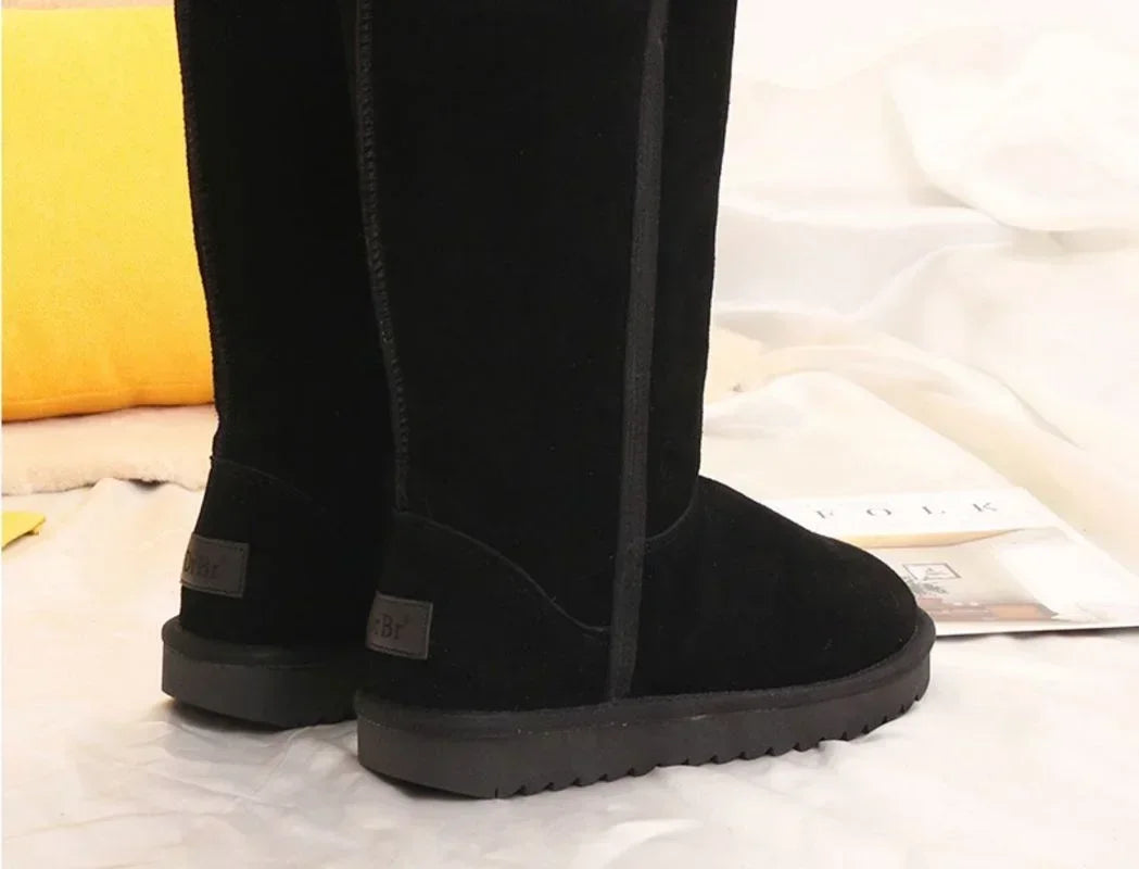 Women’s Classic Winter Snow Boots 2024 – Waterproof Leather Fur Knee-High Boots with Velvet Lining