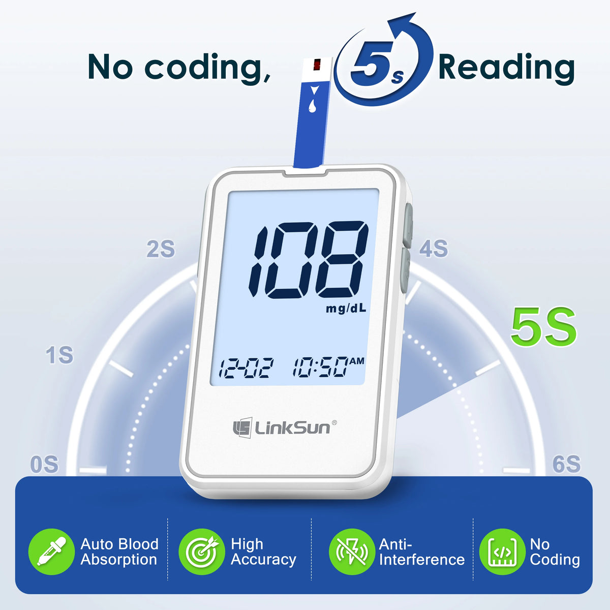G-425-2 Linksun Blood Glucose Meter - Digital Blood Sugar Monitor with 50 or 100 Test Strips for Diabetes Testing