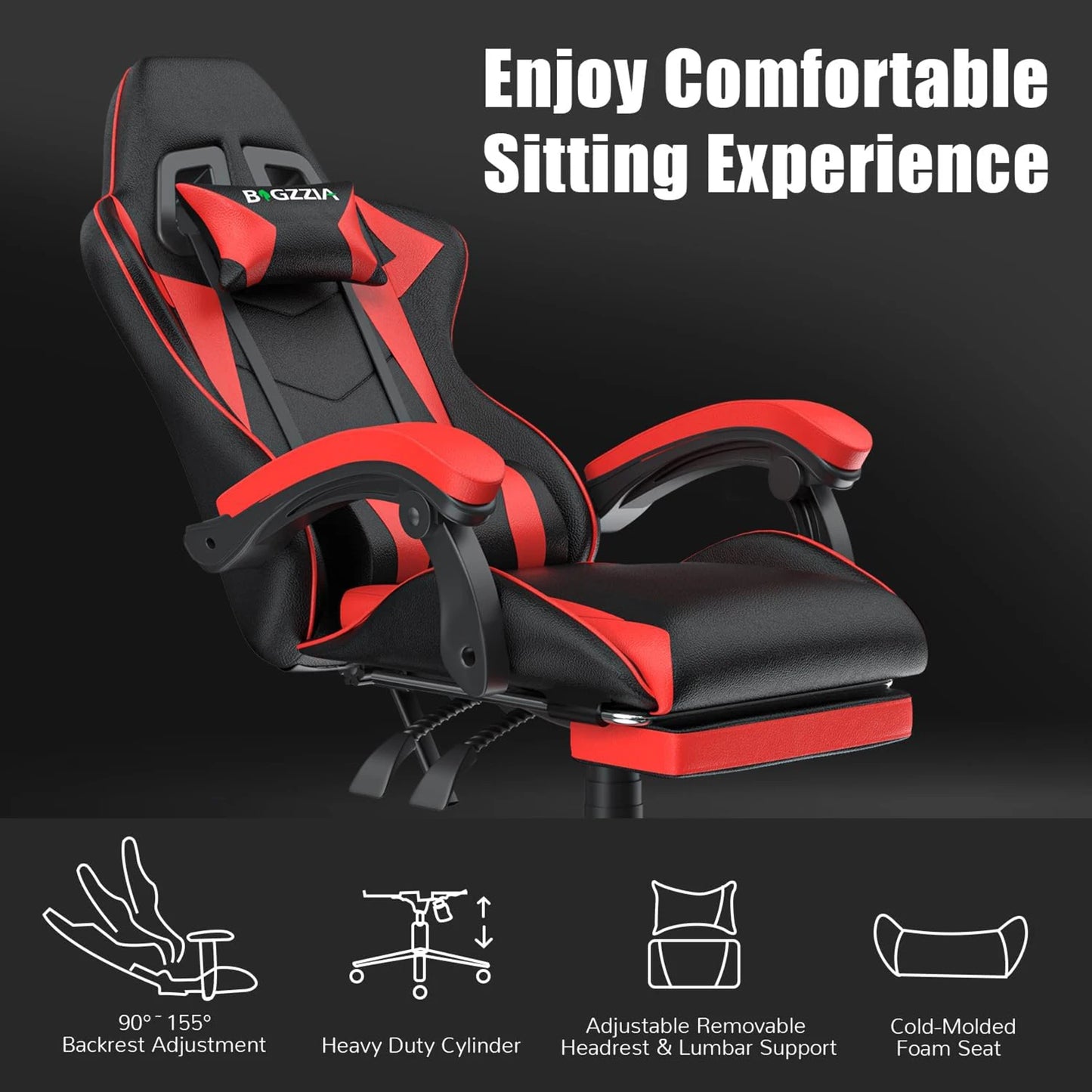Gaming Chair with Footrest – Ergonomic Gamer Chair with Lumbar Cushion, Headrest, and Height Adjustable for Computer