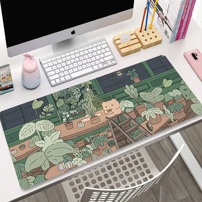Cute Cat Gaming Mouse Pad - XL Green Plant Design XXL Desk Mat for Keyboard Computer Laptop Gamer Setup