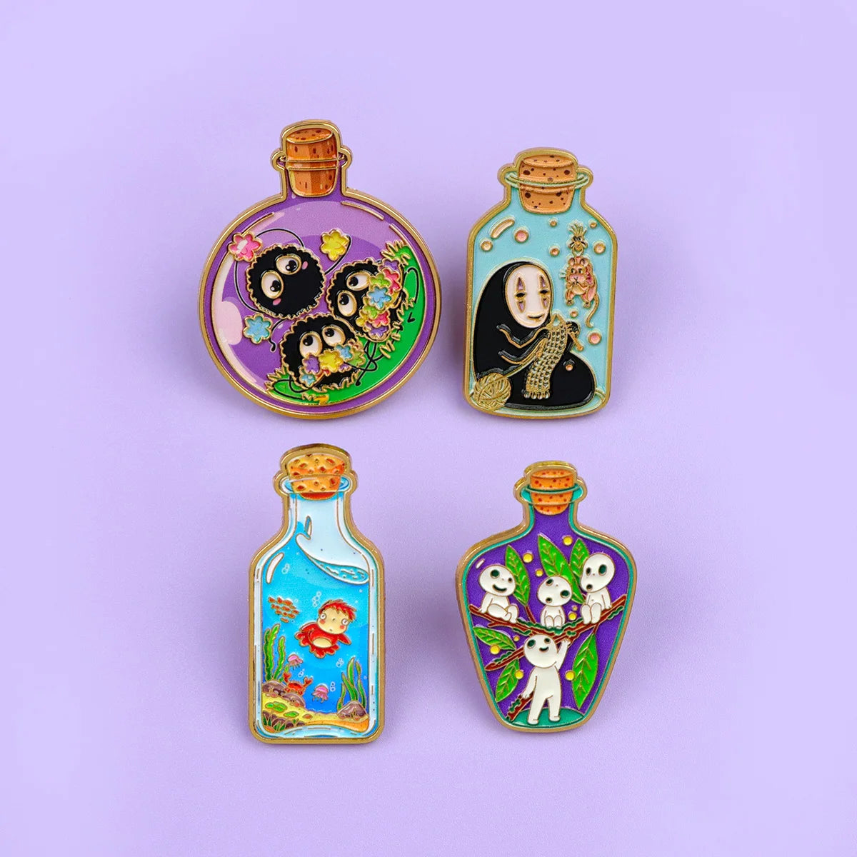 4-Piece Anime Ghost Enamel Pin Set - Magic Bottle Lapel Badges for Backpacks, Clothing, and Collectible Gifts