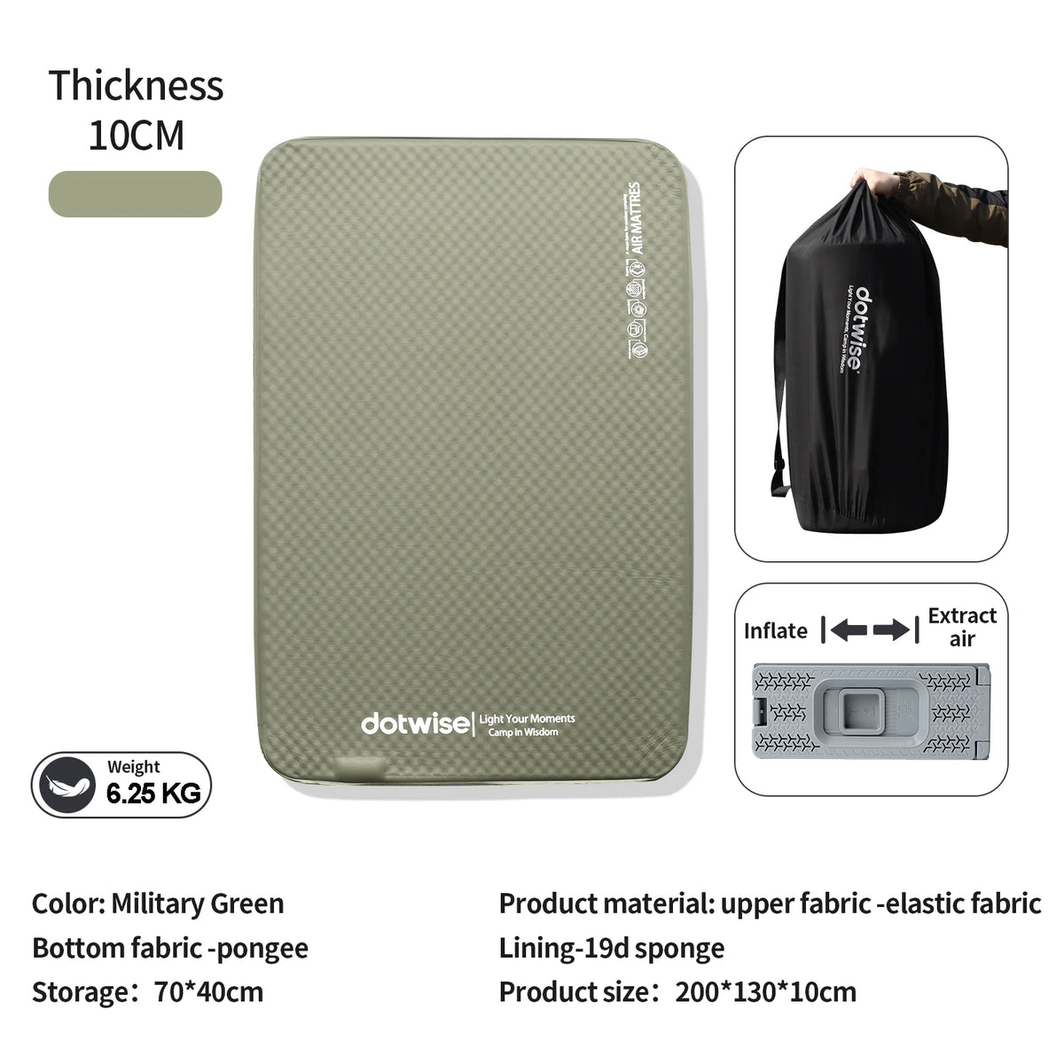 DOTWISE Self-Inflating Camping Mattress - 10cm Thick Portable Sleeping Pad for Single or Double Person Use