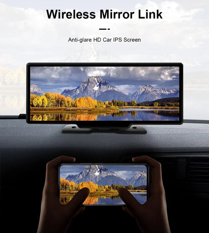 10.26'' 4K Dash Cam Car Mirror Video Player - Wireless CarPlay, Android Auto, GPS, and Rearview Camera Monitor