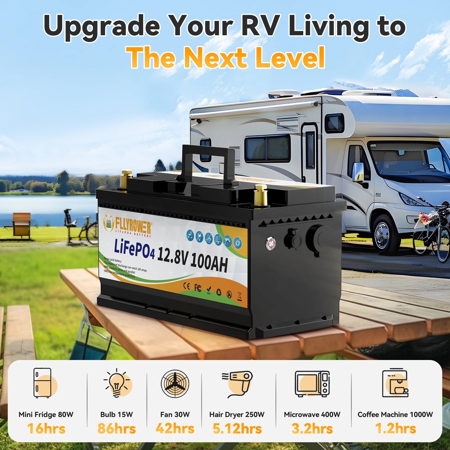 12V 100Ah LiFePO4 Battery Pack – 12.8V Lithium Iron Phosphate with 100A BMS for RV, Boat, Inverter, Solar & Wind Power Systems