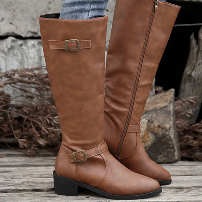 Women’s Winter High-Top Knight Boots – Side Zipper & Belt Buckle, Pointed Toe, PU Material with Cotton Lining