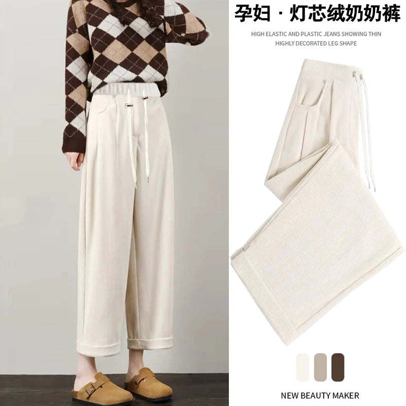 M-4XL Women’s Maternity Radish Pants – Cotton Fleece Ankle-Length Corduroy Sweatpants, High Waist Autumn Pregnancy Trousers