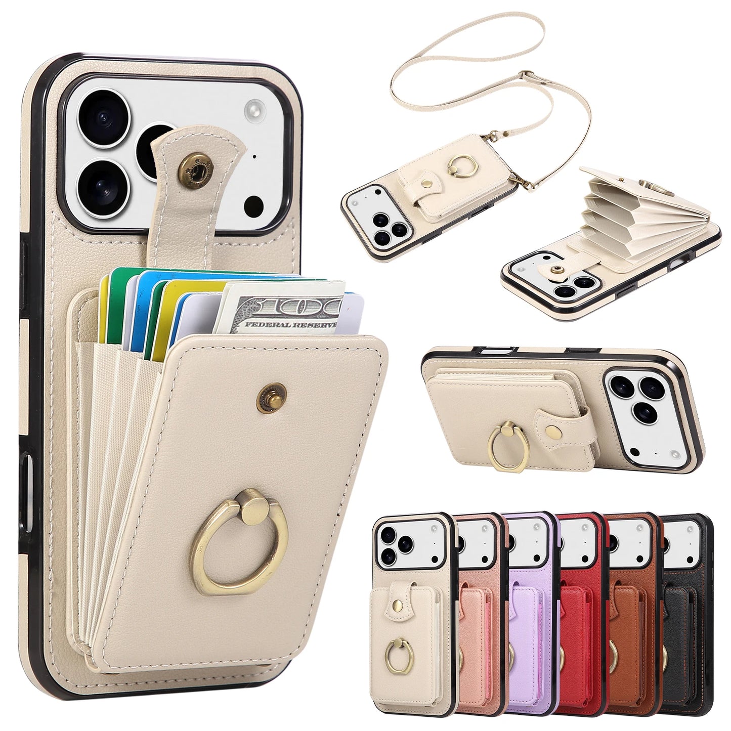 Leather Crossbody Wallet Phone Case with Zipper Card Slots – Lanyard Ring Holder Cover for iPhone 17/16/15/14/13/12/11 Pro Max & Plus