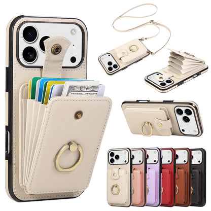Leather Crossbody Wallet Phone Case with Zipper Card Slots – Lanyard Ring Holder Cover for iPhone 17/16/15/14/13/12/11 Pro Max & Plus