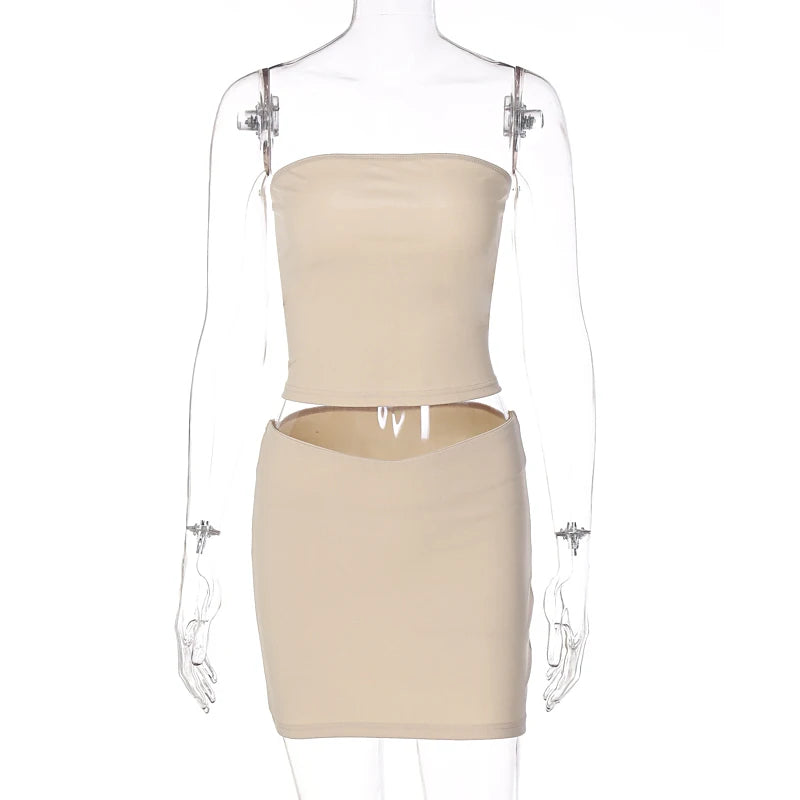 Hugcitar Solid Sleeveless Folds Tube Crop Top & Skirt Set – 2 Piece Summer Fashion Streetwear, Beach Clothing