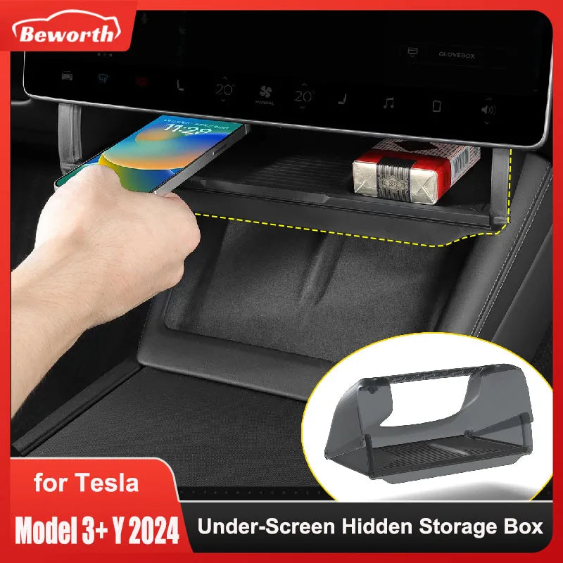 Hidden Under-Screen Storage Box for Tesla Model 3 Highland & Model Y 2024 LHD – Center Console Organizer Tray