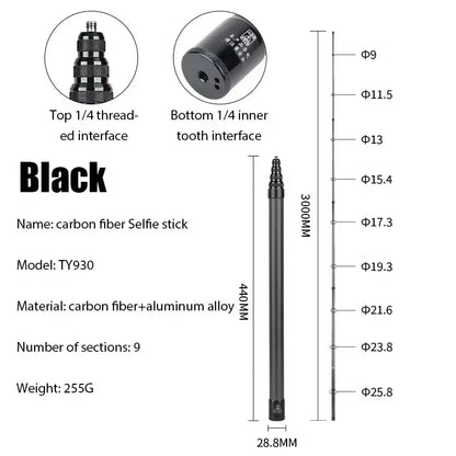 Carbon Fiber Invisible Extended Selfie Stick – 300CM for Insta360 X3, GO3, DJI, GoPro, Action Camera Accessories