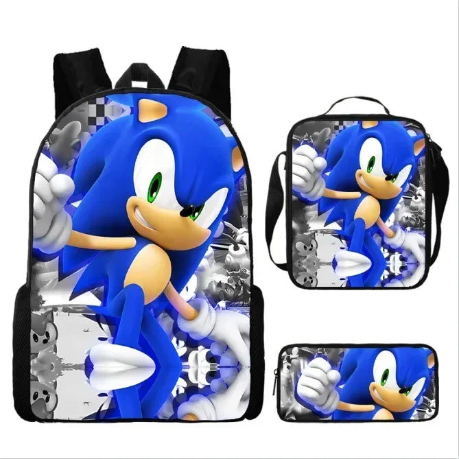 3PC Cartoon School Bag Set – Sonic Lunch Bag, Pencil Case & Backpack for Primary & Middle School Students