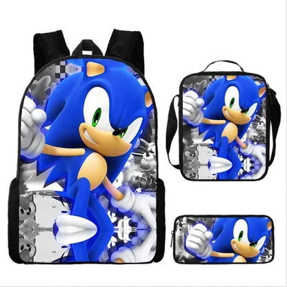 3PC Cartoon School Bag Set – Sonic Lunch Bag, Pencil Case & Backpack for Primary & Middle School Students