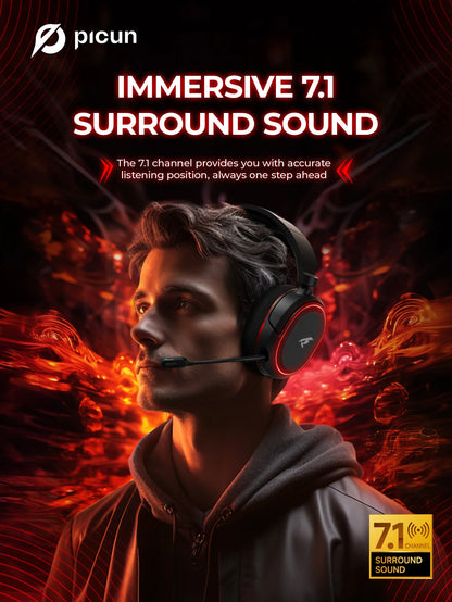Picun G2 Wireless Gaming Headset – 2.4G & Bluetooth, 5ms Low Latency, 7.1 Surround Sound, ENC Mic for PC, PS4, PS5, Switch & Phone