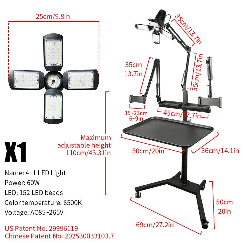 TAIDU Tattoo Workstation – Foldable LED Light 60W with Phone Holder, Tray Table, Nail Lamp & Tattoo Work Cart