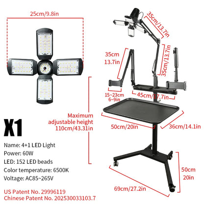 TAIDU Tattoo Workstation – Foldable LED Light 60W with Phone Holder, Tray Table, Nail Lamp & Tattoo Work Cart