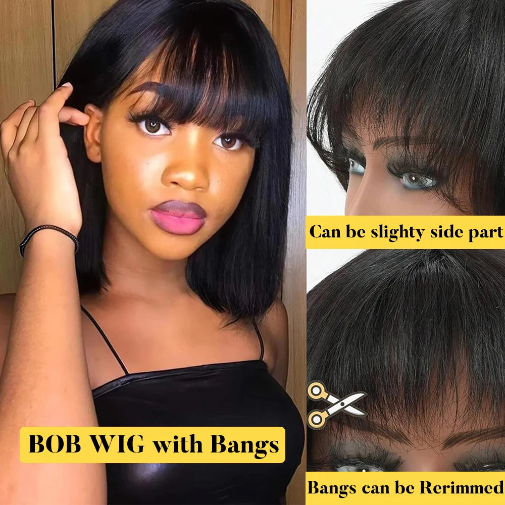 Short Straight Bob Wig with Bangs - 100% Human Hair, 180% Density for Women