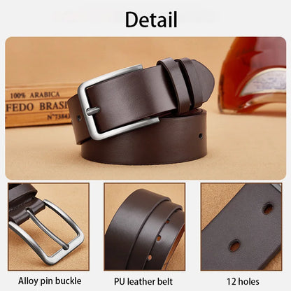 Men's PU Leather Belt with Alloy Pin Square Buckle - Fashionable Business and Leisure Belts in Black, Coffee Brown for Jeans