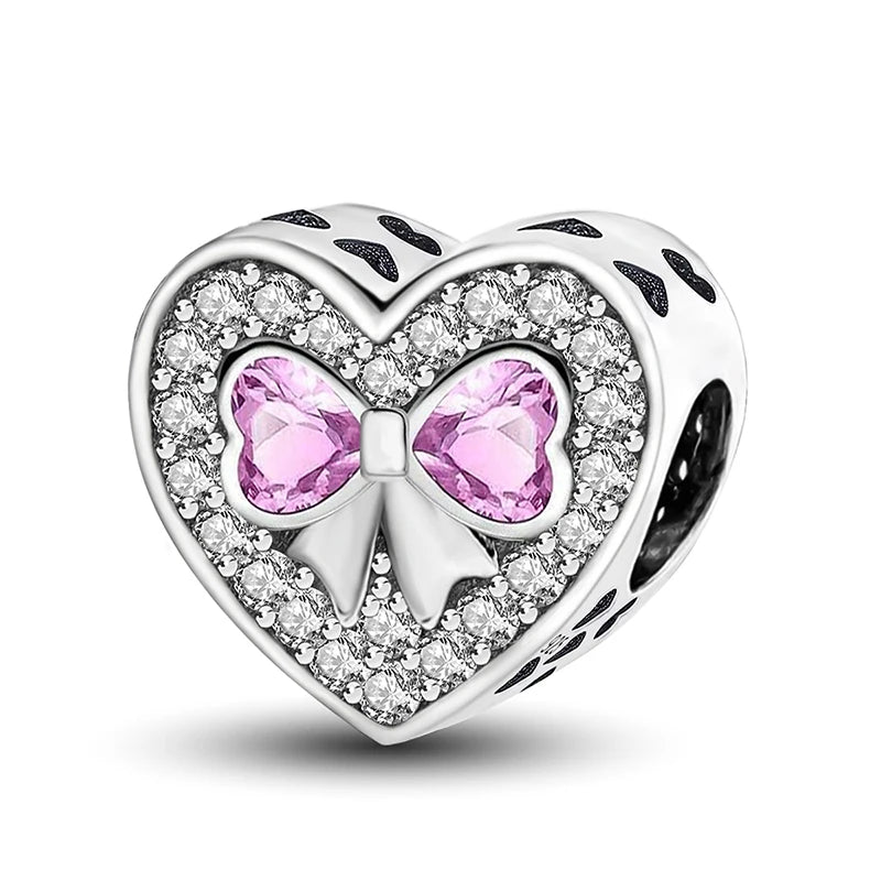 925 Sterling Silver Pink Heart Charm - Zircon Love Pendant Bead for DIY Bracelets, Bangles & Women’s Jewelry