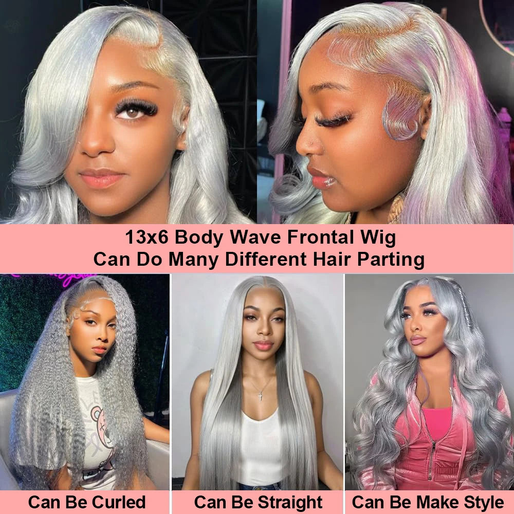 13x6 Silver Grey Body Wave Lace Front Wig – 100% Human Hair, Preplucked 13x4 Lace Frontal Brazilian Wig, 36 Inch