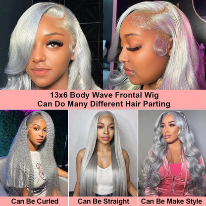 13x6 Silver Grey Body Wave Lace Front Wig – 100% Human Hair, Preplucked 13x4 Lace Frontal Brazilian Wig, 36 Inch