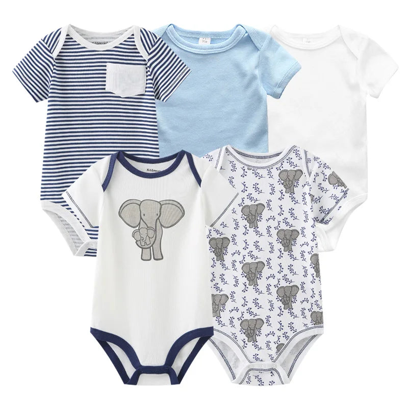 5PCS Newborn Baby Bodysuit Set - Soft Cotton Unisex Baby Clothes with Cartoon Print for Boys & Girls