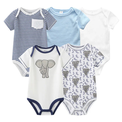 5PCS Newborn Baby Bodysuit Set - Soft Cotton Unisex Baby Clothes with Cartoon Print for Boys & Girls