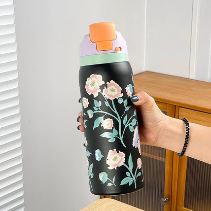 34oz Stainless Steel Water Bottle — Floral Two-Tone Insulated Bottle with Leakproof Sport Lid & Handle, 24H Hot & Cold