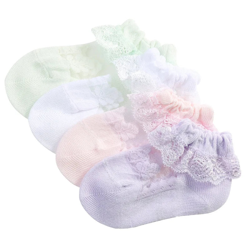 Summer Girls’ Mesh Cotton Socks with Ruffle Lace, Flower Princess Anti-Slip White Socks for Kids