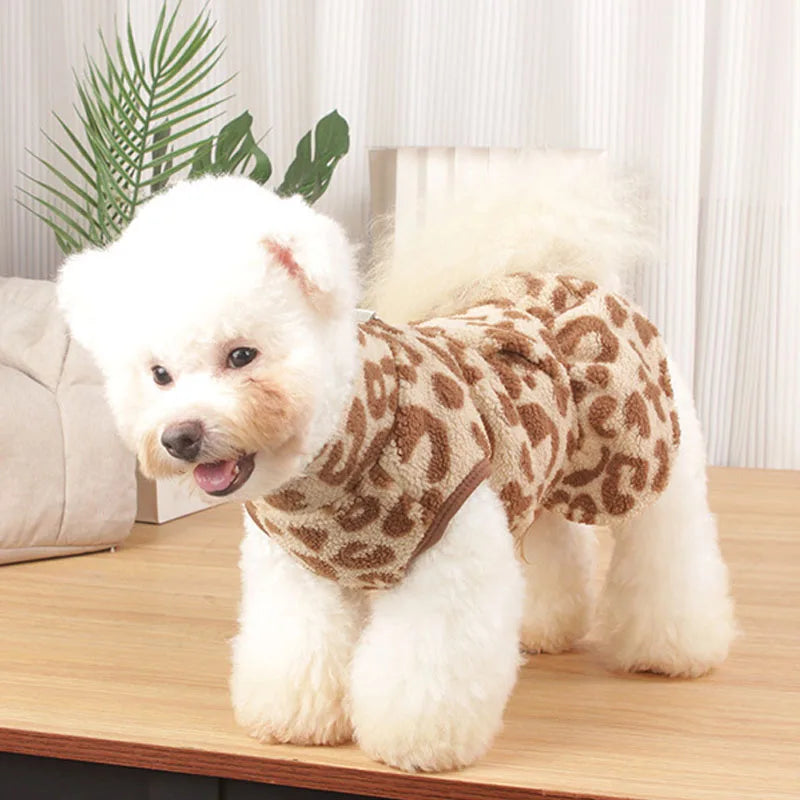 Leopard Print Dog Dress Coat – Winter Fleece Pullover Hoodie & Sleeveless Vest for Small Dogs, Chihuahua Puppy Skirt