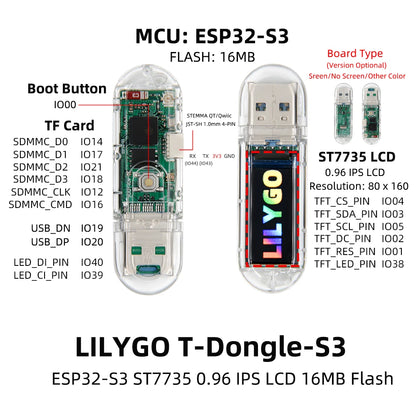 LILYGO® T-Dongle-S3 ESP32-S3 Development Board – 0.96" ST7735 LCD Display with WiFi, Bluetooth & TF Card Support