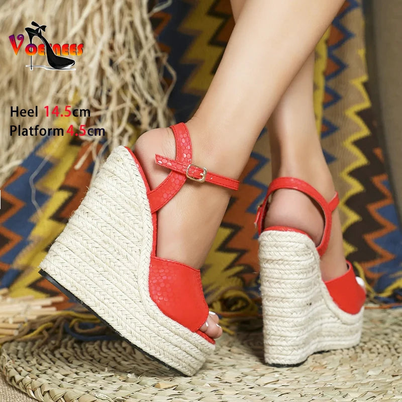 2024 Women’s Hemp Rope Platform Sandals – Wedge Party High Heels 14.5CM, Ankle Buckle, Comfortable Plus Size