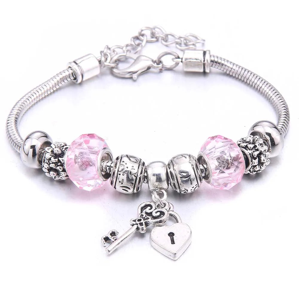 Pink Charm Bangle - Butterfly Snake Chain Bracelet with Beads and Lobster Clasp for Women