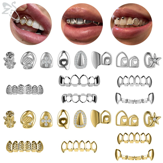 ZS Hip Hop Grillz – Silver/Gold Plated CZ Crystal Cross & Rose Star Tooth Cap, Top & Bottom Set