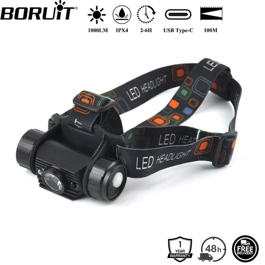 BORUiT 020 Motion Sensor LED Headlamp – 1000LM Type-C Rechargeable Waterproof Headlight, Ultra Bright Camping & Hunting Head Torch Light