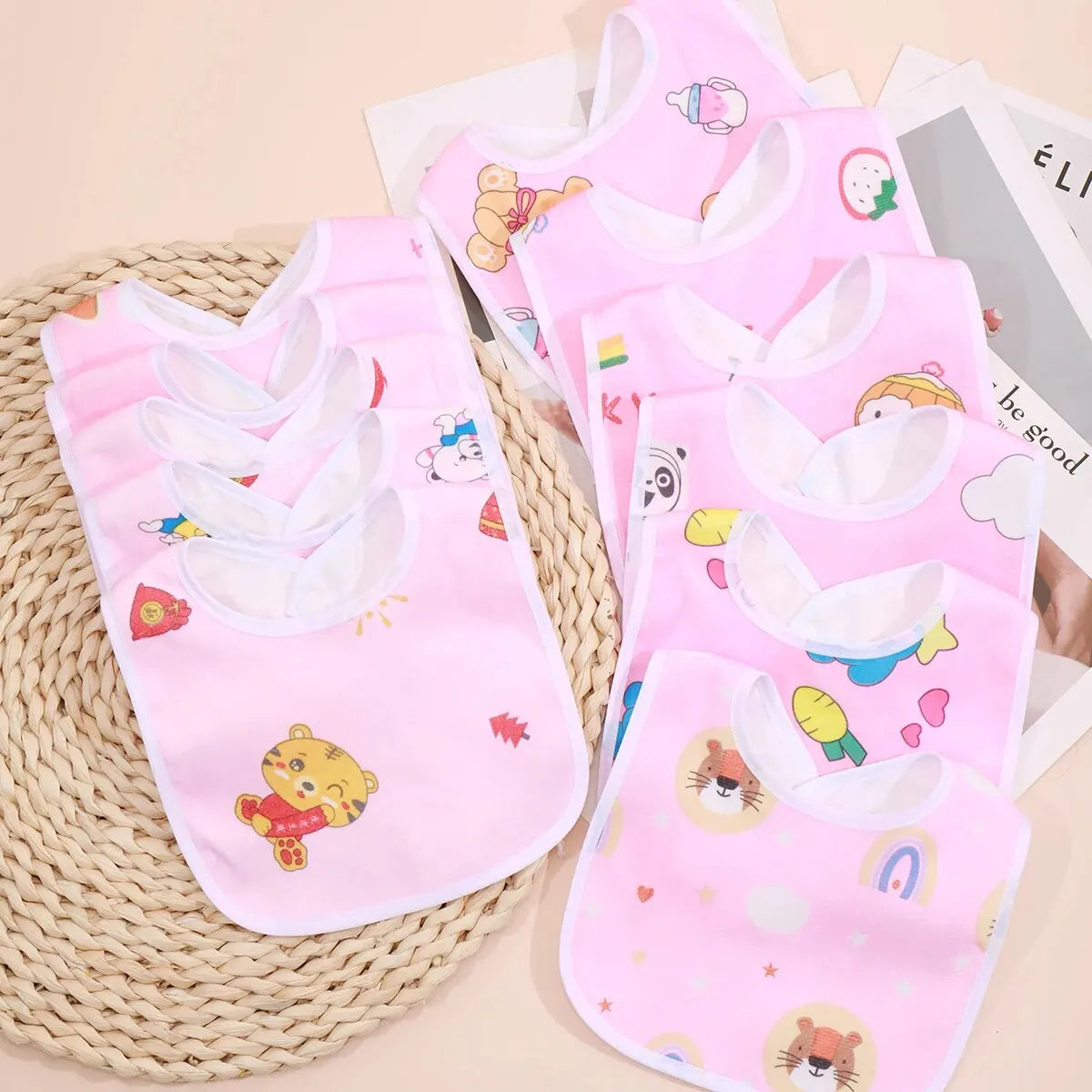 5PCS Baby Cartoon Snap Bibs - Super Soft Waterproof Crystal Velvet Newborn Feeding & Saliva Towels