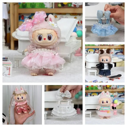 17cm Mini Plush Doll Outfit — K-Pop EXO Labubu Idol Accessories with Flower Shirt, Leather Jacket & Skirt for Gift