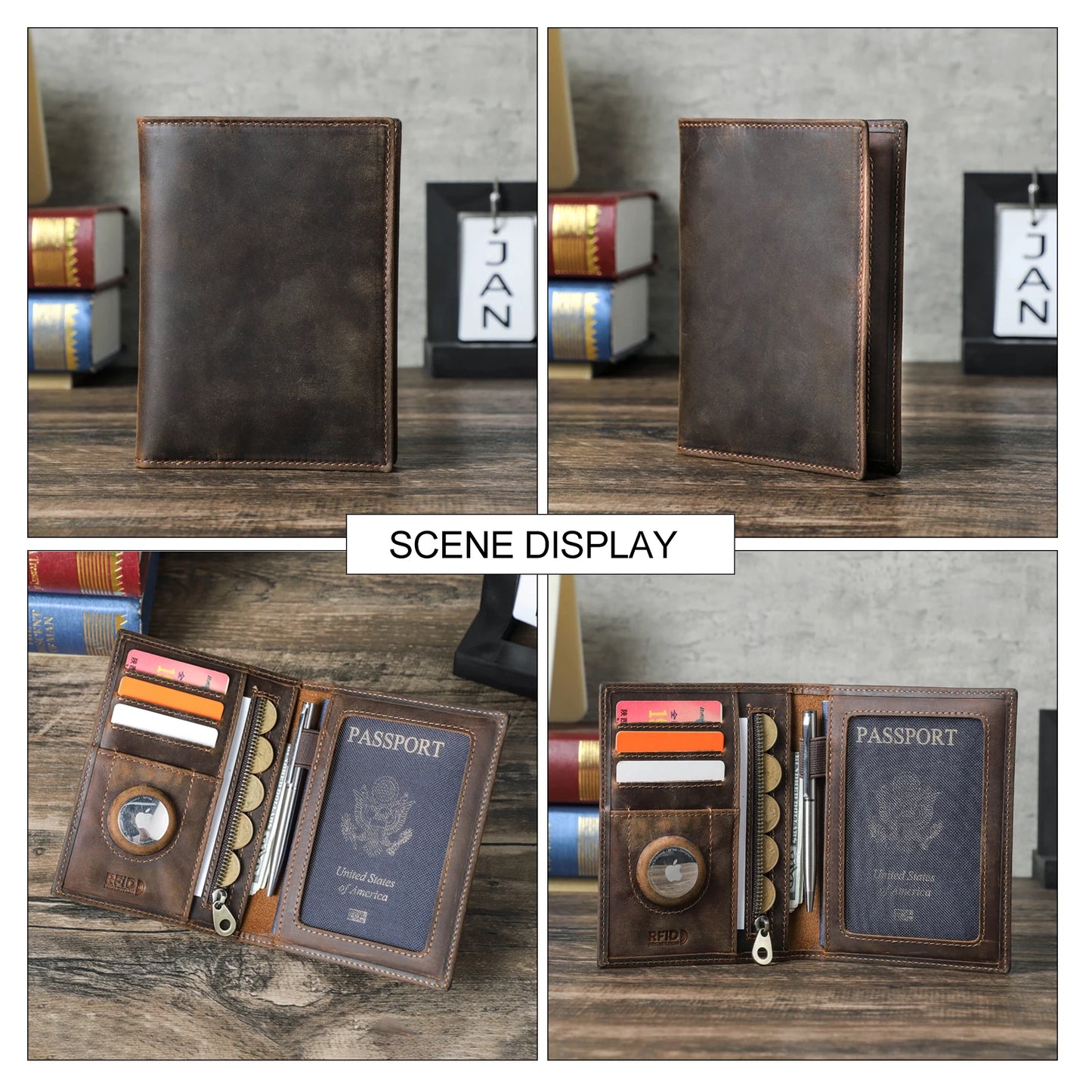 Genuine Cow Leather Passport Holder with AirTag Case – RFID Blocking Travel Wallet with Pen, Card Holder & Anti-Lost Pocket