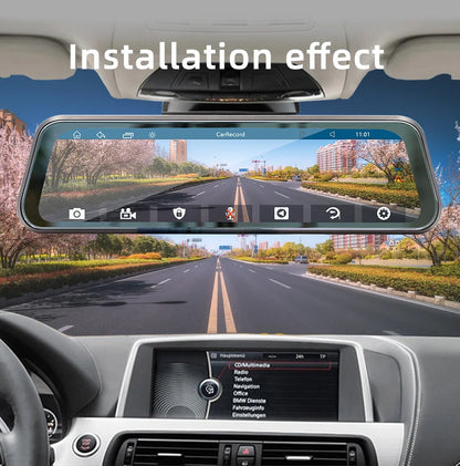 9.36" Car Stereo Touchscreen - MirrorLink, CarPlay & Android Auto Rearview Mirror Recorder with AUX, Bluetooth & FM Radio