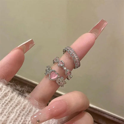 3PCS Heart Zircon Open Ring Set - Y2K Gothic Fashion Jewelry Accessories for Women & Girls