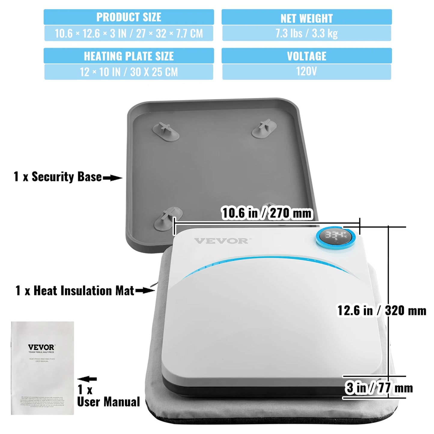 VEVOR Portable Heat Press Machine - 9x9/12x10 Inch, DIY Shirt Printing, Multifunctional Sublimation Transfer for HTV Vinyl, T-Shirt & Bag