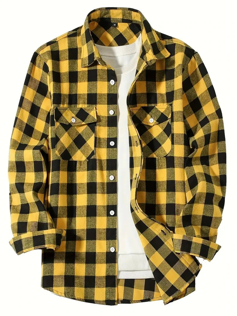 Men’s Brushed Cotton Flannel Shirt - Red Plaid Long Sleeve Business & Casual No-Iron Top