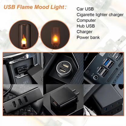 USB LED Flame Night Light - Flickering Dynamic Flame Lamp with Frosted Glass for Car Interior & Home Decor