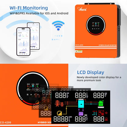 Solar Off-Grid Hybrid Inverter 3600W/4200W/6200W - MPPT Controller 24V/48V/220V, 120A, for Hybrid Solar Systems