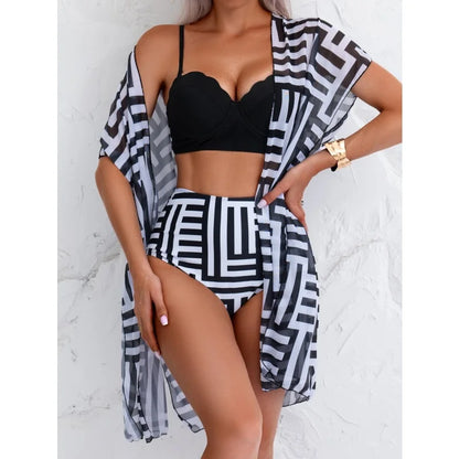 Elegant 3-Piece Vintage Bikini Set for Women – High Waist Swimsuit with Mesh Cover-Up 2025 Bathing Suit